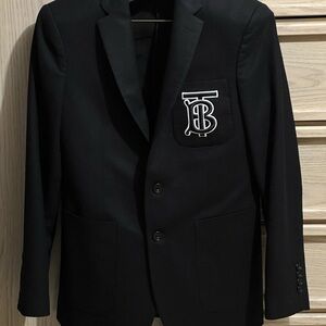 Burberry London Slim Fit Black Wool Blazer TB Patch Made in Italy